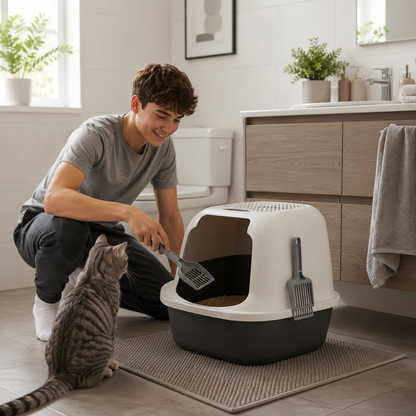 Closed Cat Litter Box Grey – Filter, Scoop & Mat: All-Inclusive, Zero Hassle