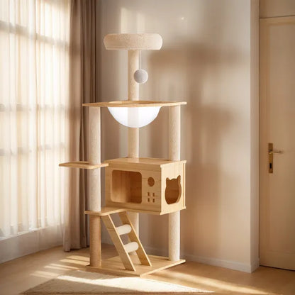 Arbre à Chat Design Bois 124 cm – Hamac Acrylique & Sisal