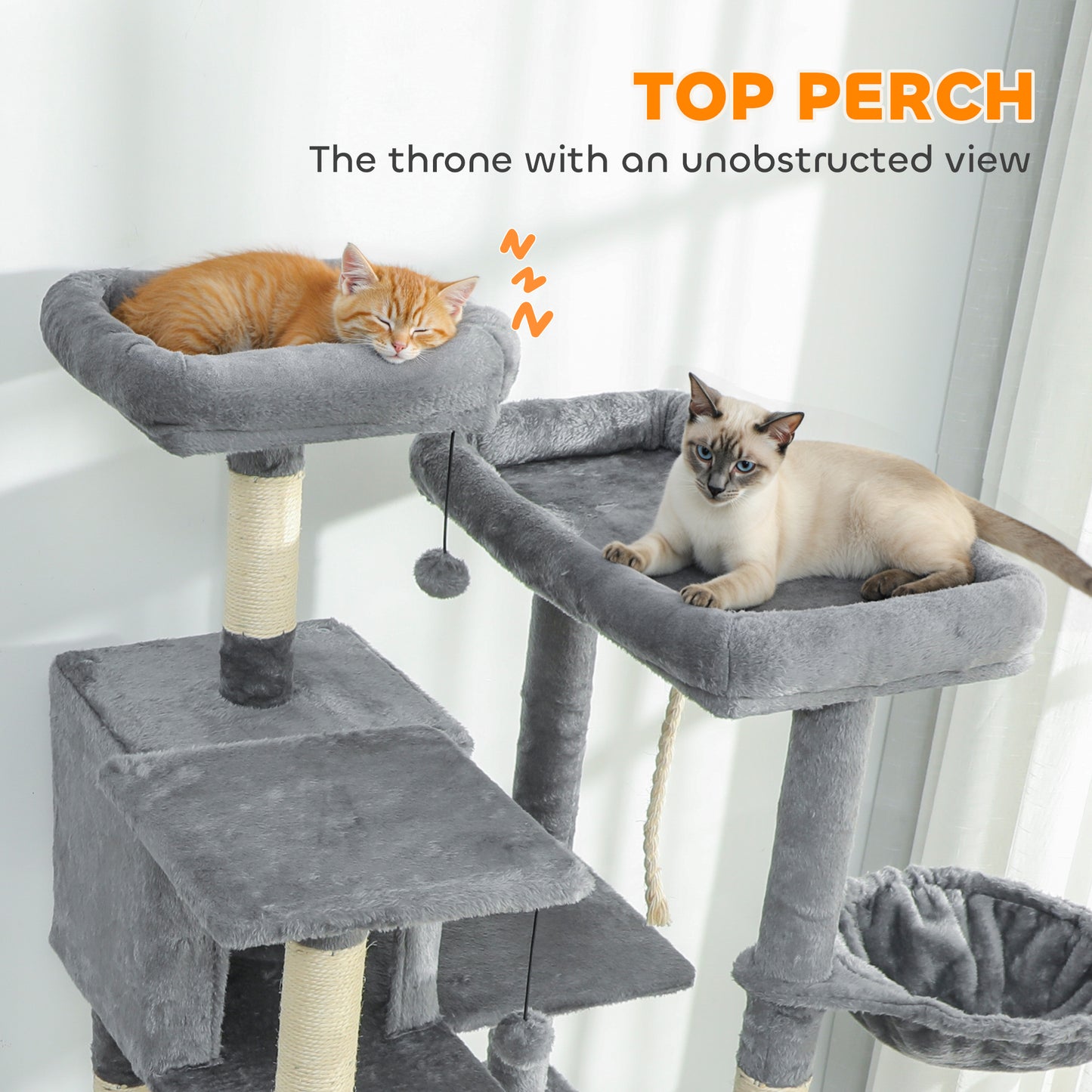 Multi-level Cat Tree 175cm – 2 Condos, 3 Hammocks, 8 Scratching Posts | Dark Grey