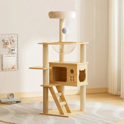 Arbre à Chat Design Bois 124 cm – Hamac Acrylique & Sisal