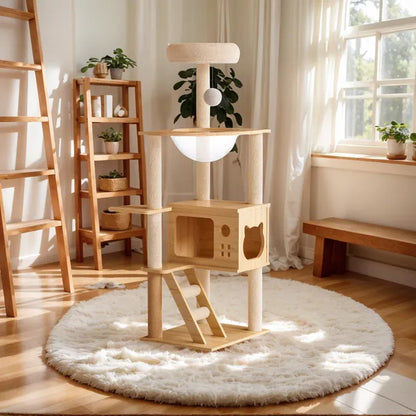 Arbre à Chat Design Bois 124 cm – Hamac Acrylique & Sisal