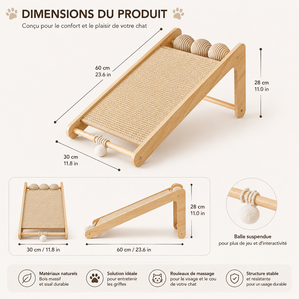 Grand griffoir pour chat en rotin tressé avec balle suspendue interactive