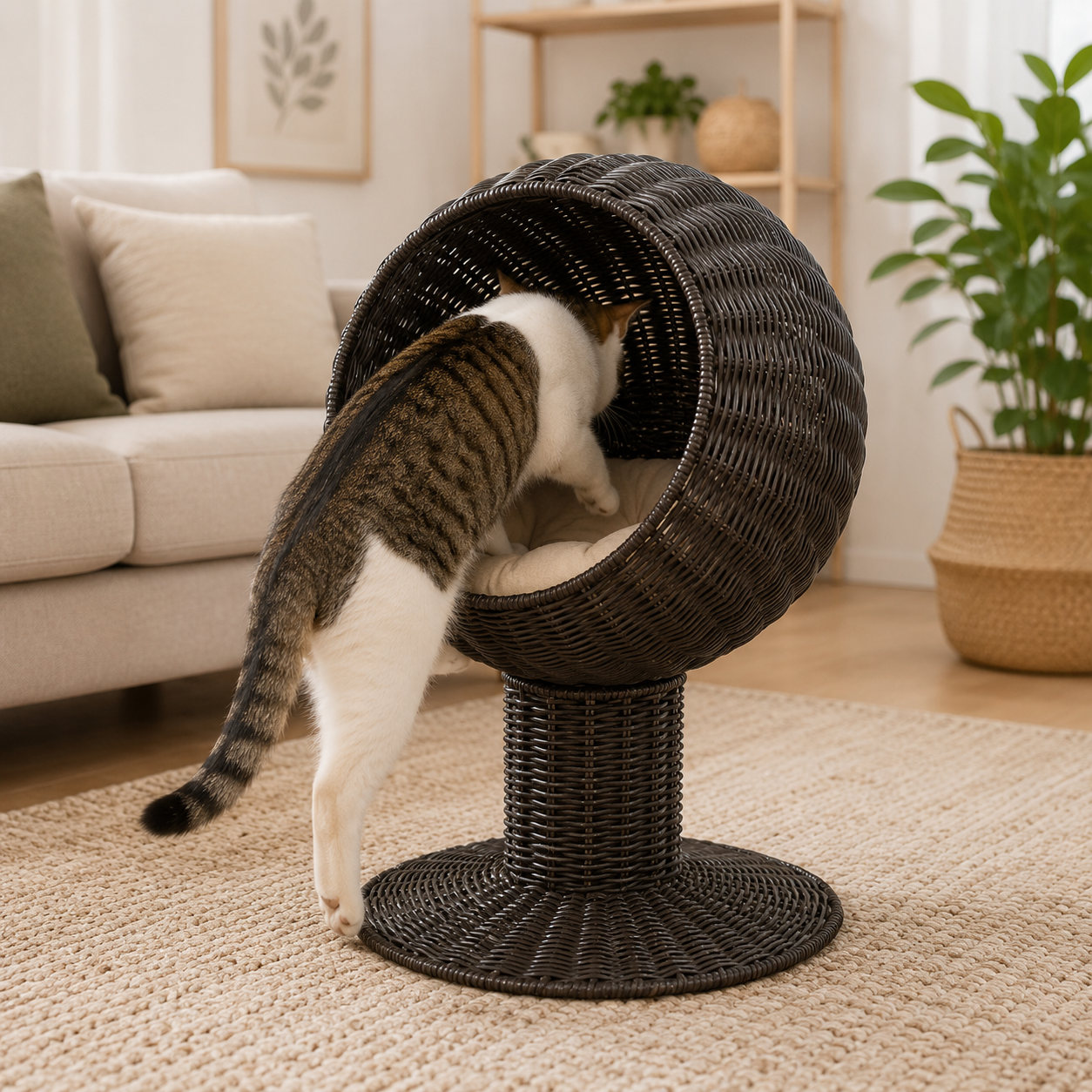 Lit pour chat surélevé en osier avec panier rotatif, coussin et niche pour chat d'intérieur