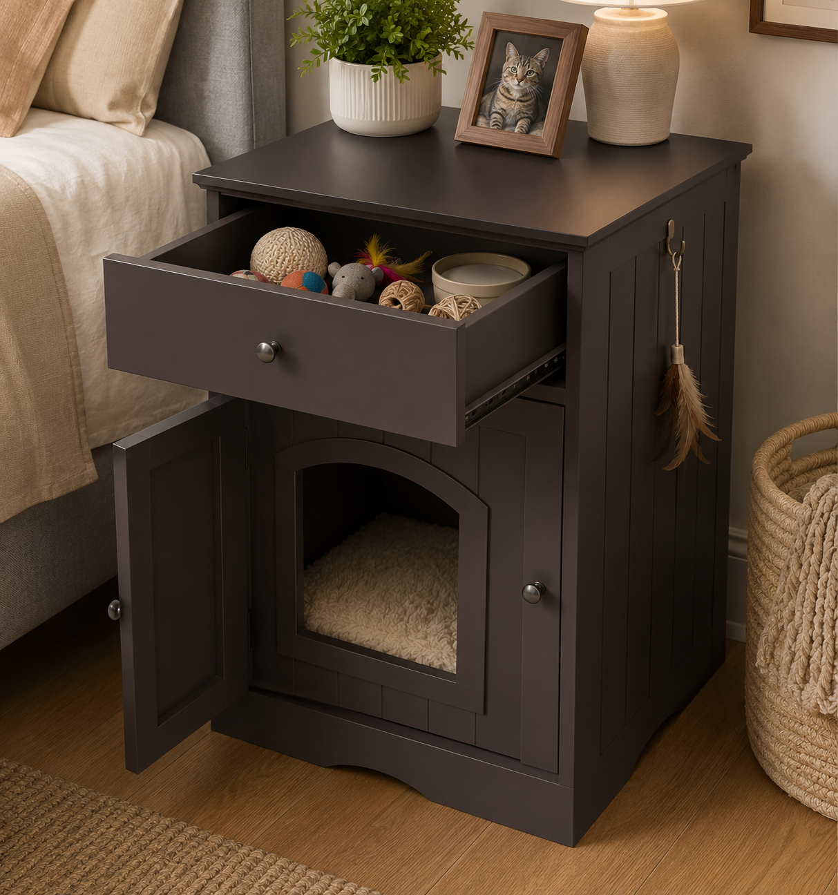 Modern Hidden Cat Litter Box Cabinet™ | Wooden Nightstand Furniture with Storage Drawer