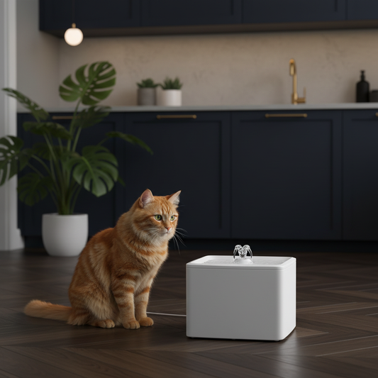 Fontaine carrée cuisine contemporaine chat orange
