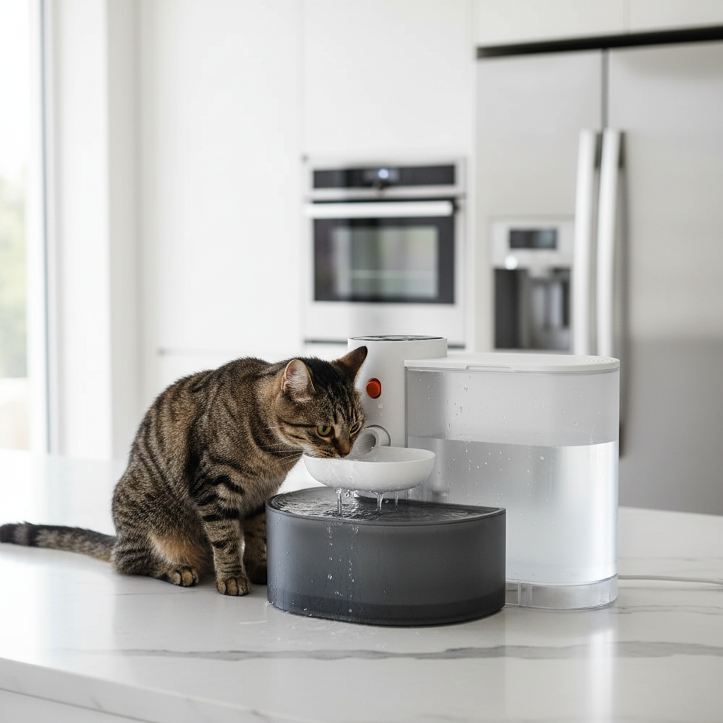 Fontaine cuisine moderne chat tigré