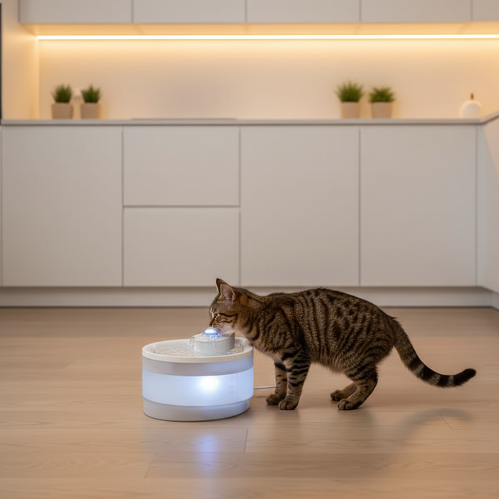 Fontaine à eau silencieuse chat dans cuisine moderne
