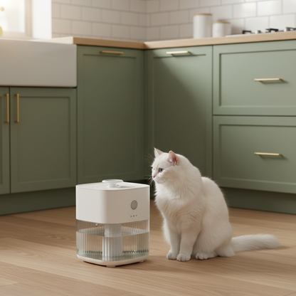 Fontaine sans fil cuisine vert sauge chat blanc