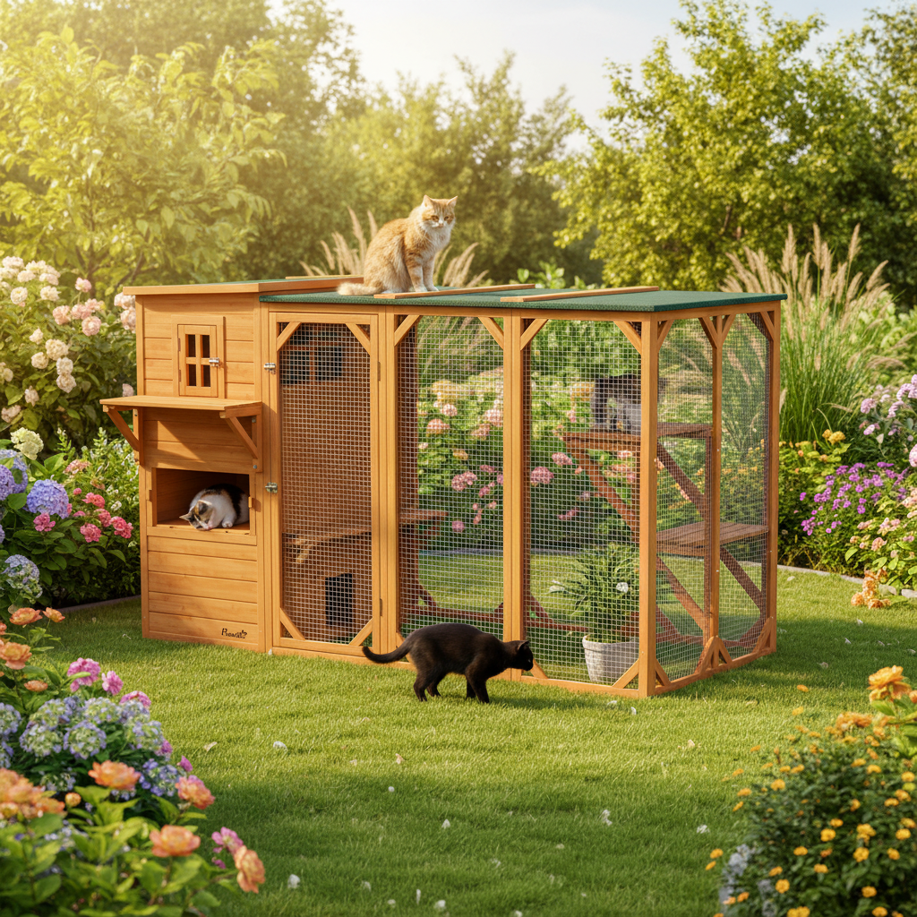 Grand enclos pour chat dans un jardin avec 3 chats