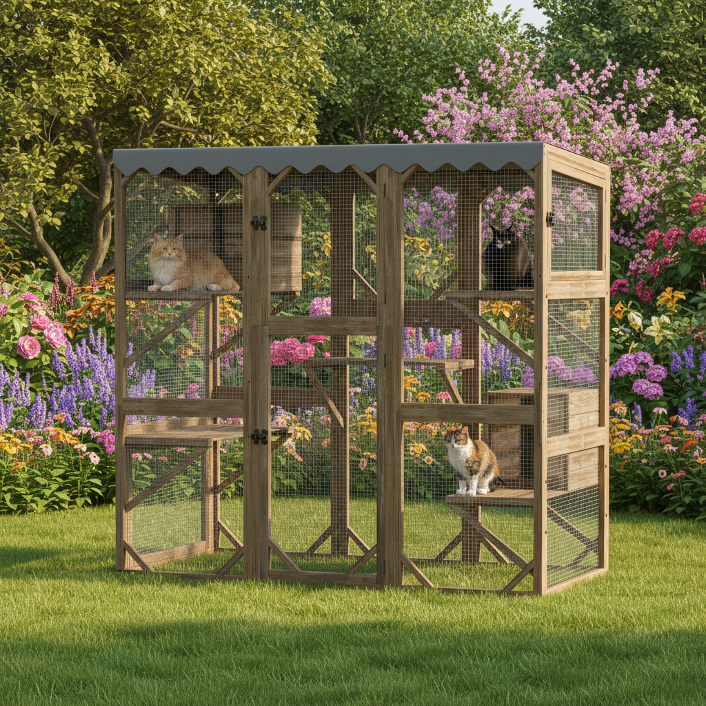 Grand enclos pour chat dans un jardin avec chats