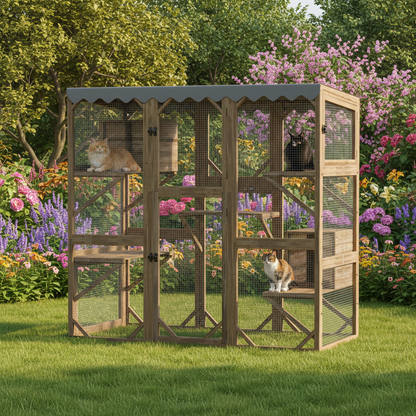 Grand enclos pour chat dans un jardin avec chats