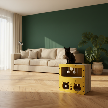Griffoir jaune – vue large salon mur vert chat noir
