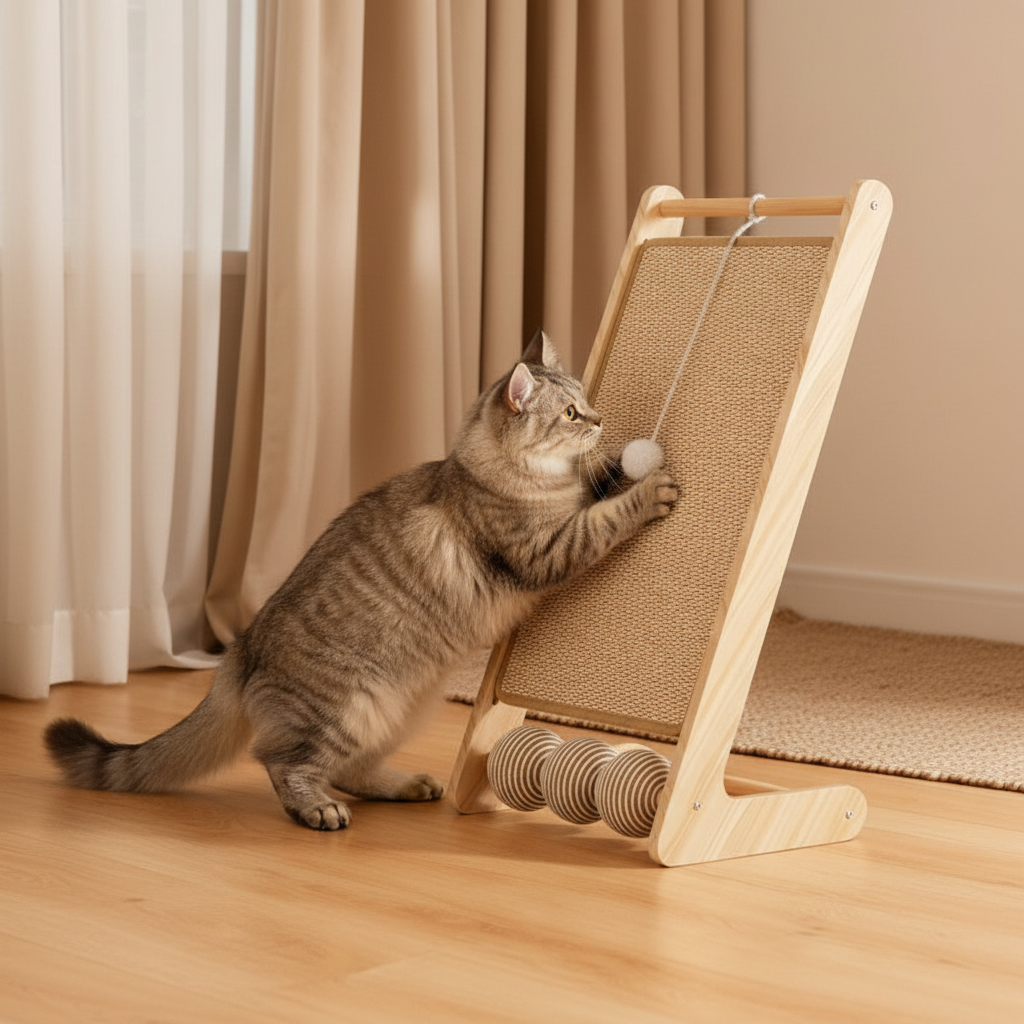 Griffoir sisal bois naturel avec chat salon moderne