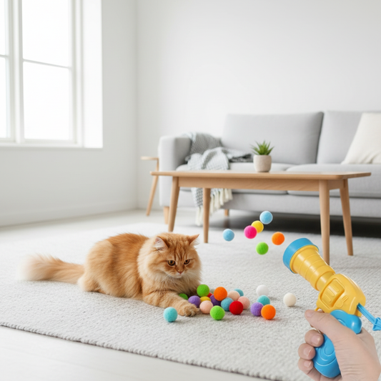 Jouet chat lanceur pompons salon moderne