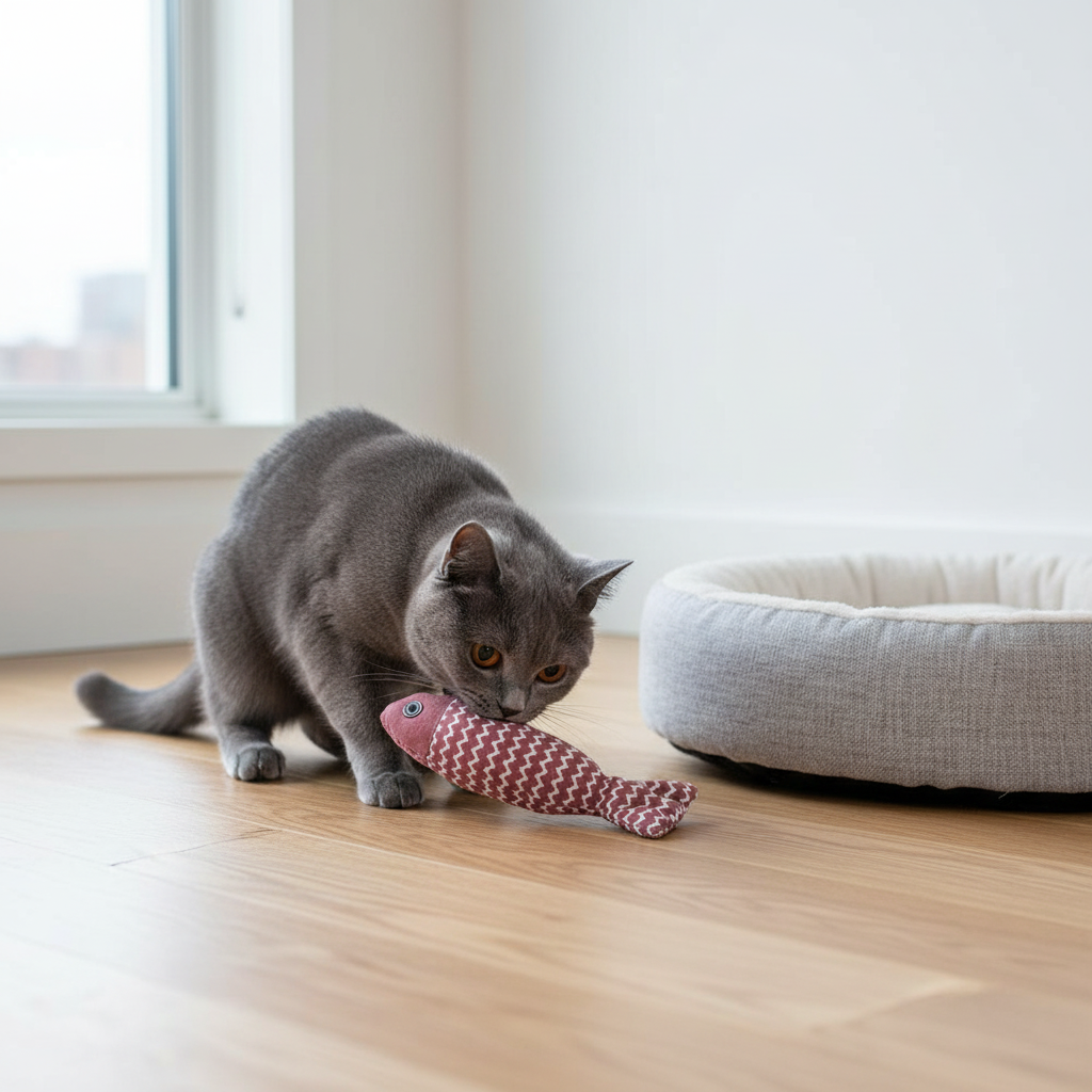 Jouet poisson rose chat British Shorthair gris