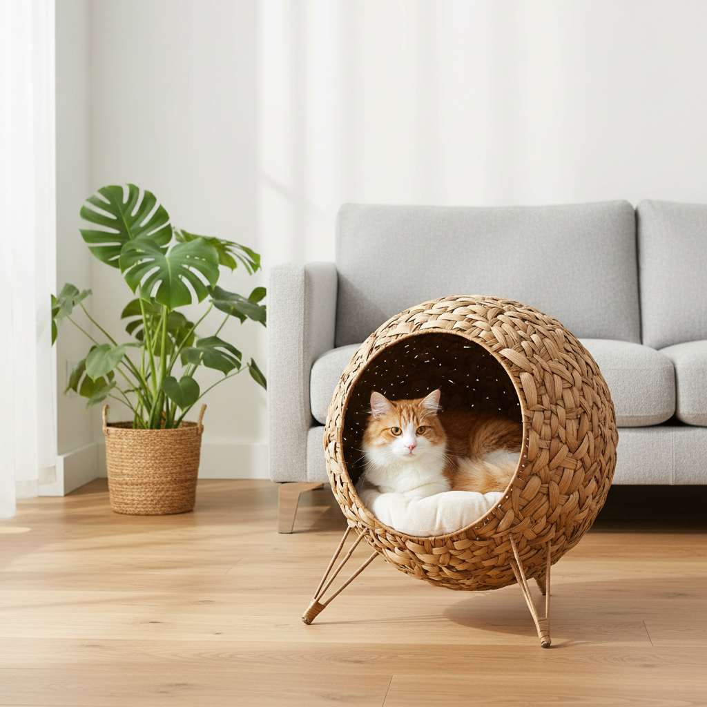 Maison chat jacinthe naturelle avec chat salon scandinave