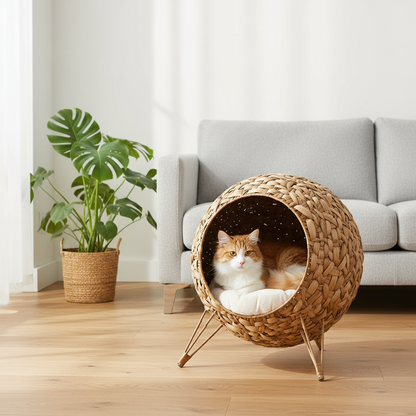 Maison chat jacinthe naturelle avec chat salon scandinave