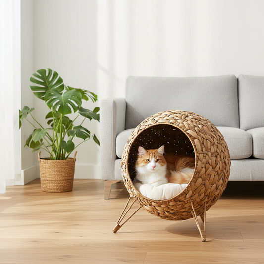Maison chat jacinthe naturelle avec chat salon scandinave