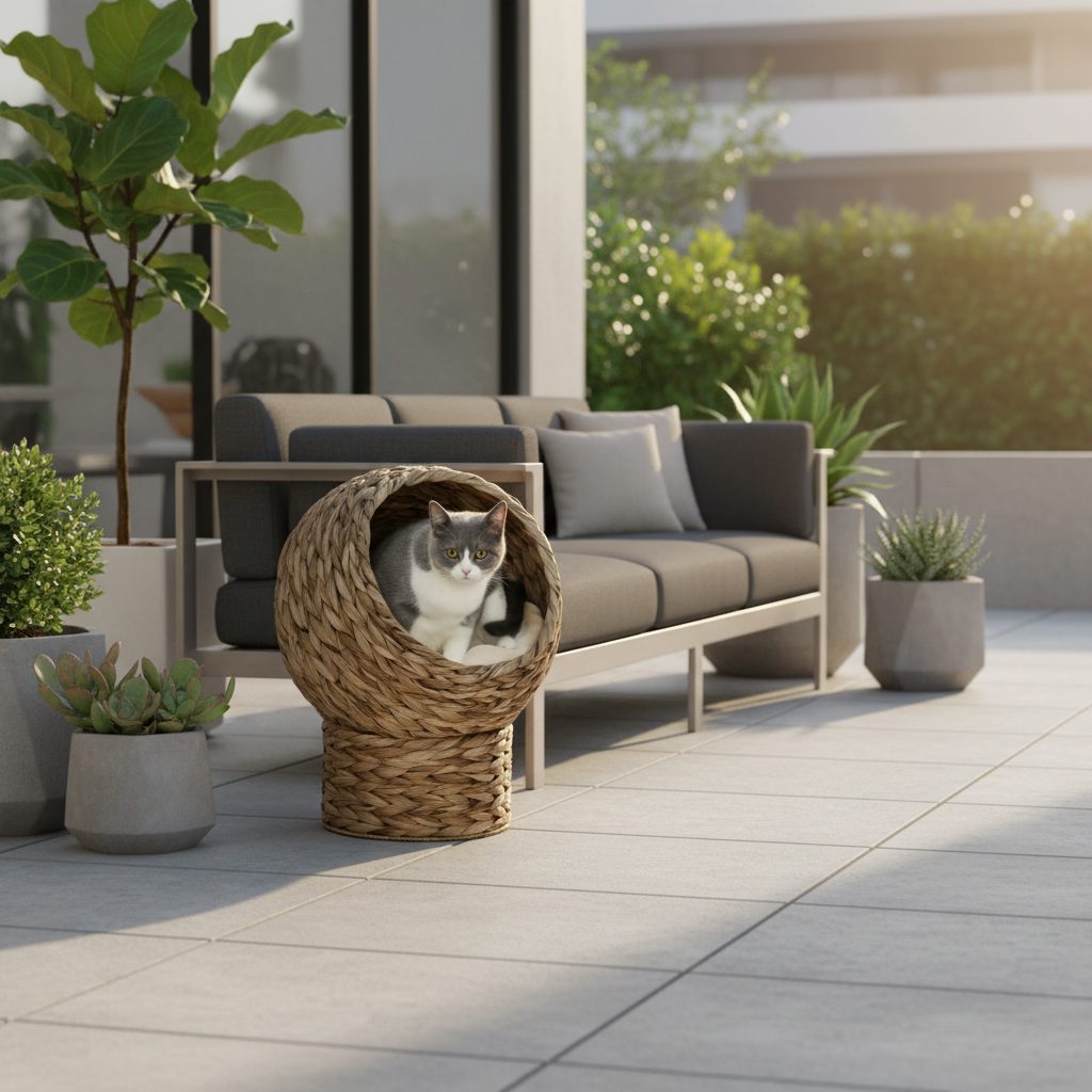 Maison chat osier sur patio moderne