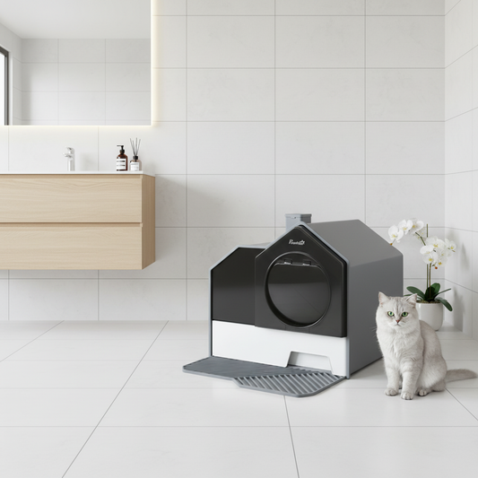 Maison de toilette avec chat assis à côté
