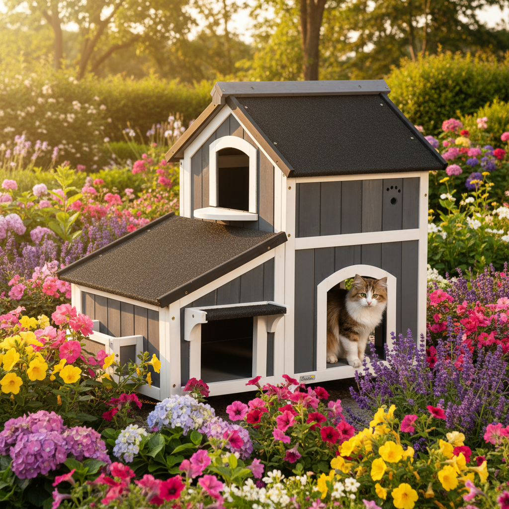 Maison extérieure pour chat dans un jardin