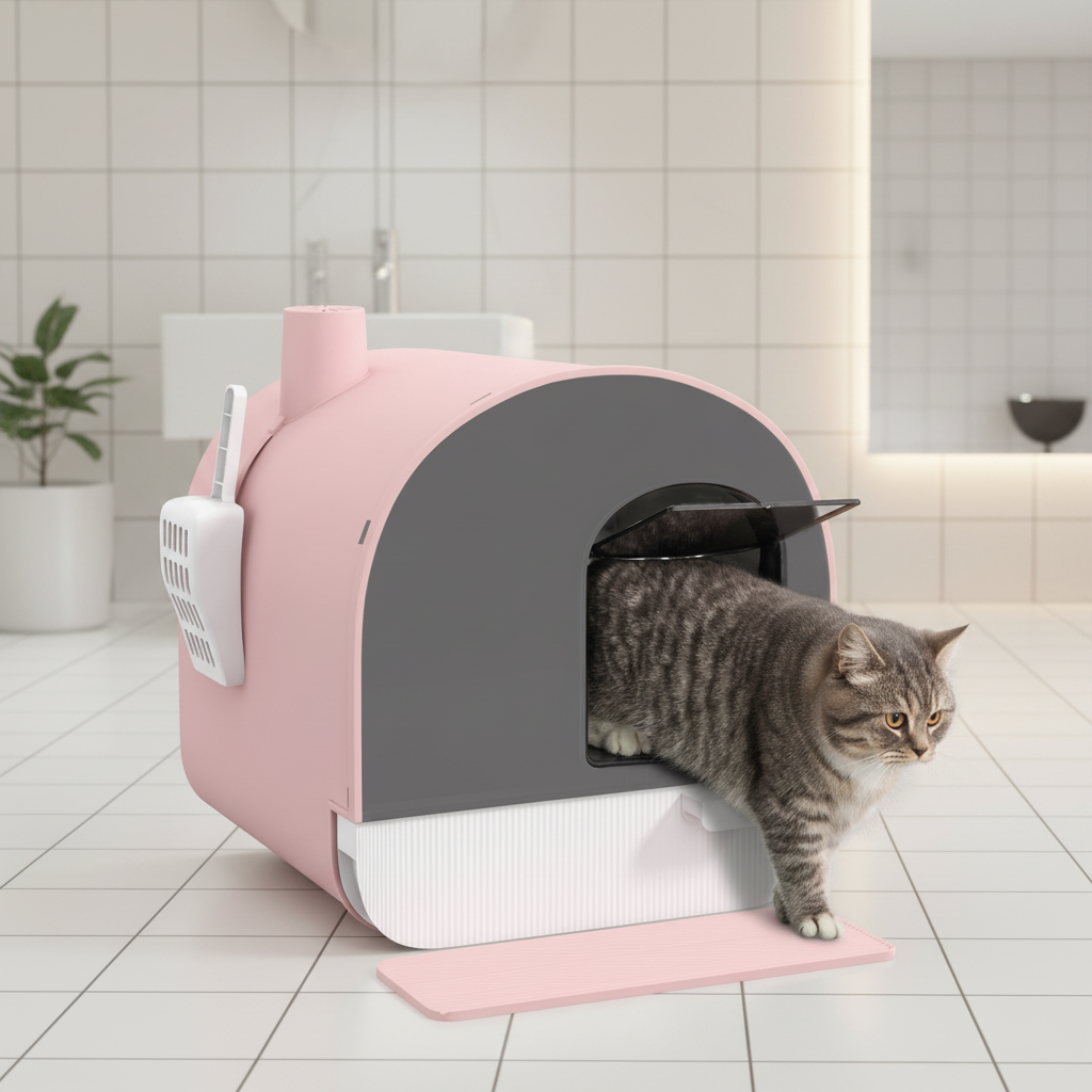 Maison litière rose avec chat tigré