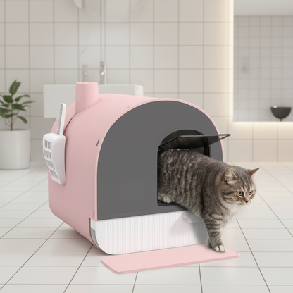 Maison litière rose avec chat tigré