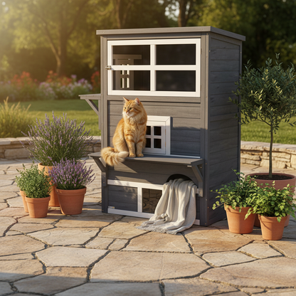 Maison pour chat 3 niveaux sur patio avec chat