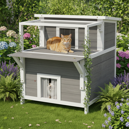 Maison pour chat avec balcon dans un jardin