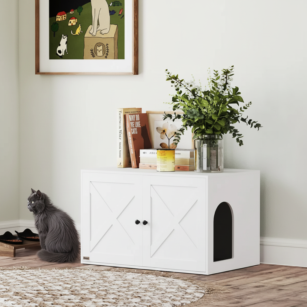 Meuble cache-litière dans décor moderne avec chat