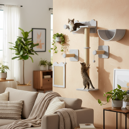 Mur d'escalade chat dans salon chaleureux