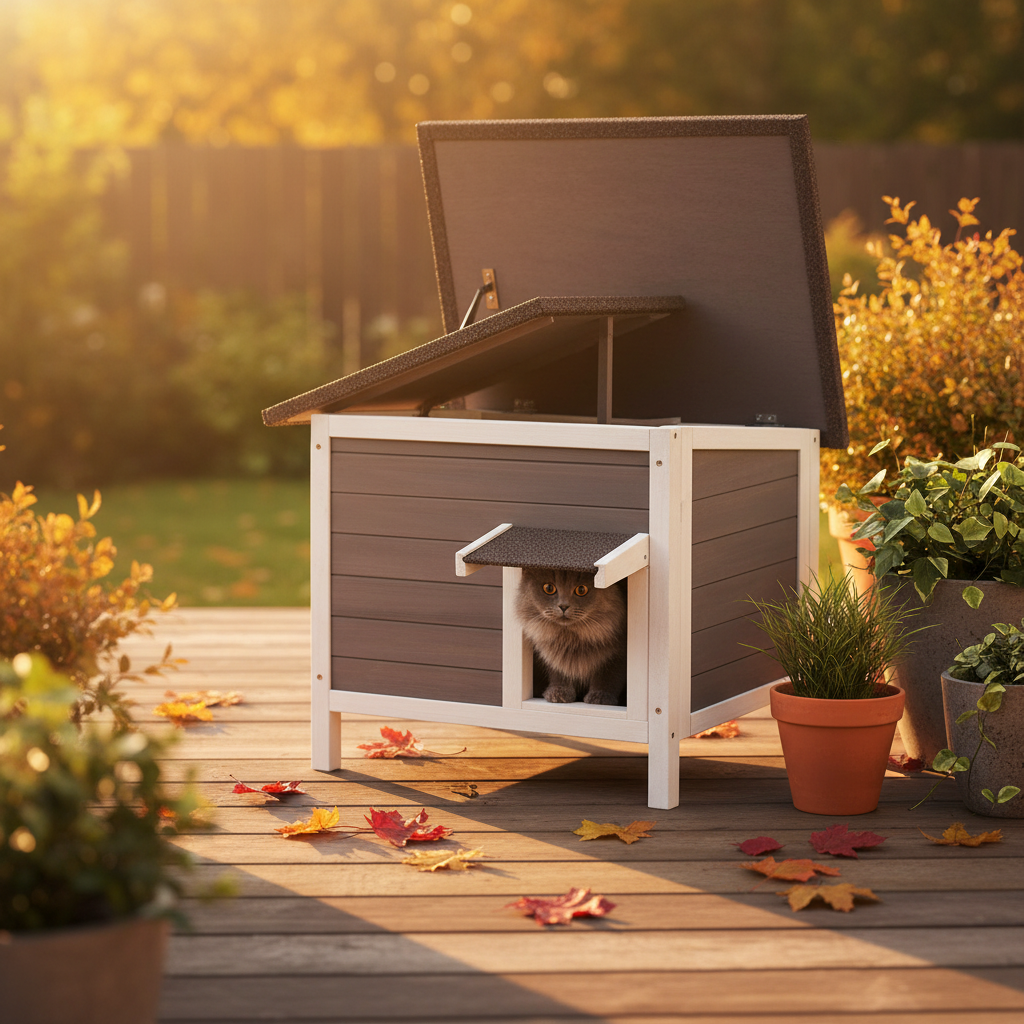 Outdoor Cedar Cat House Autumn Deck